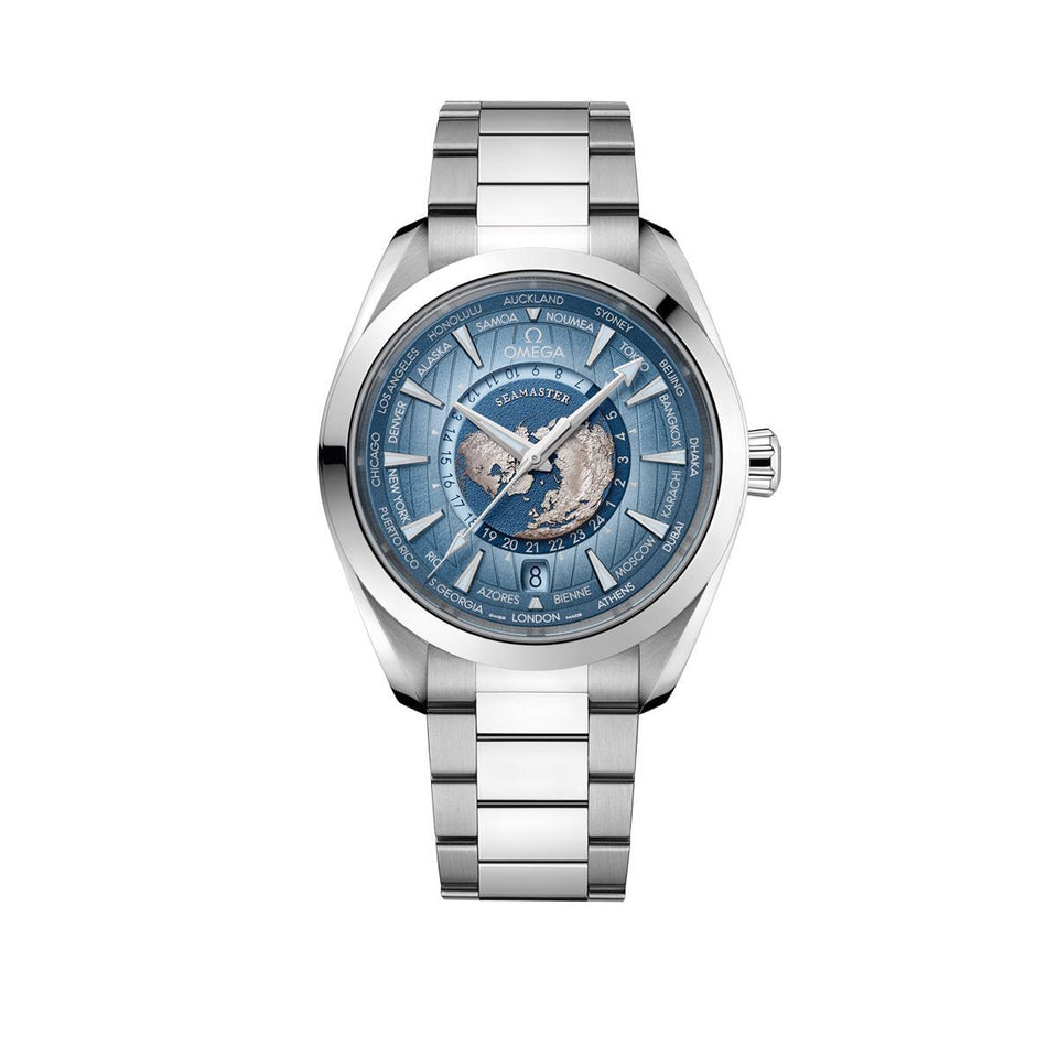 OMEGA Seamaster Aqua Terra Worldtimer 43mm Watch O22010432203002 at DMR and the OMEGA Boutique Liverpool