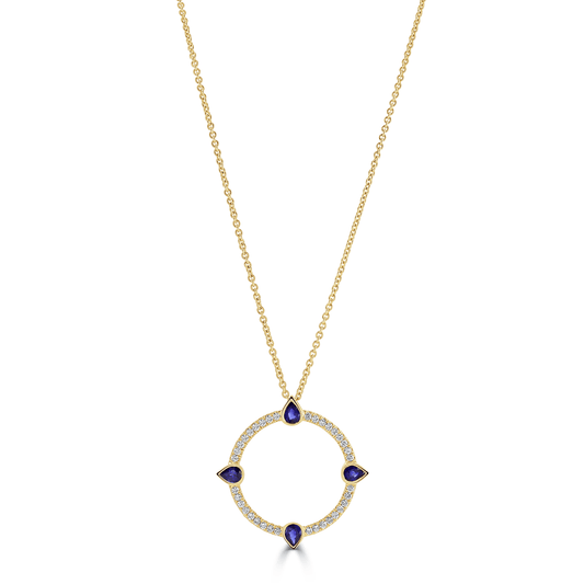 Compass Yellow Gold Large Diamond and Sapphire Pendant