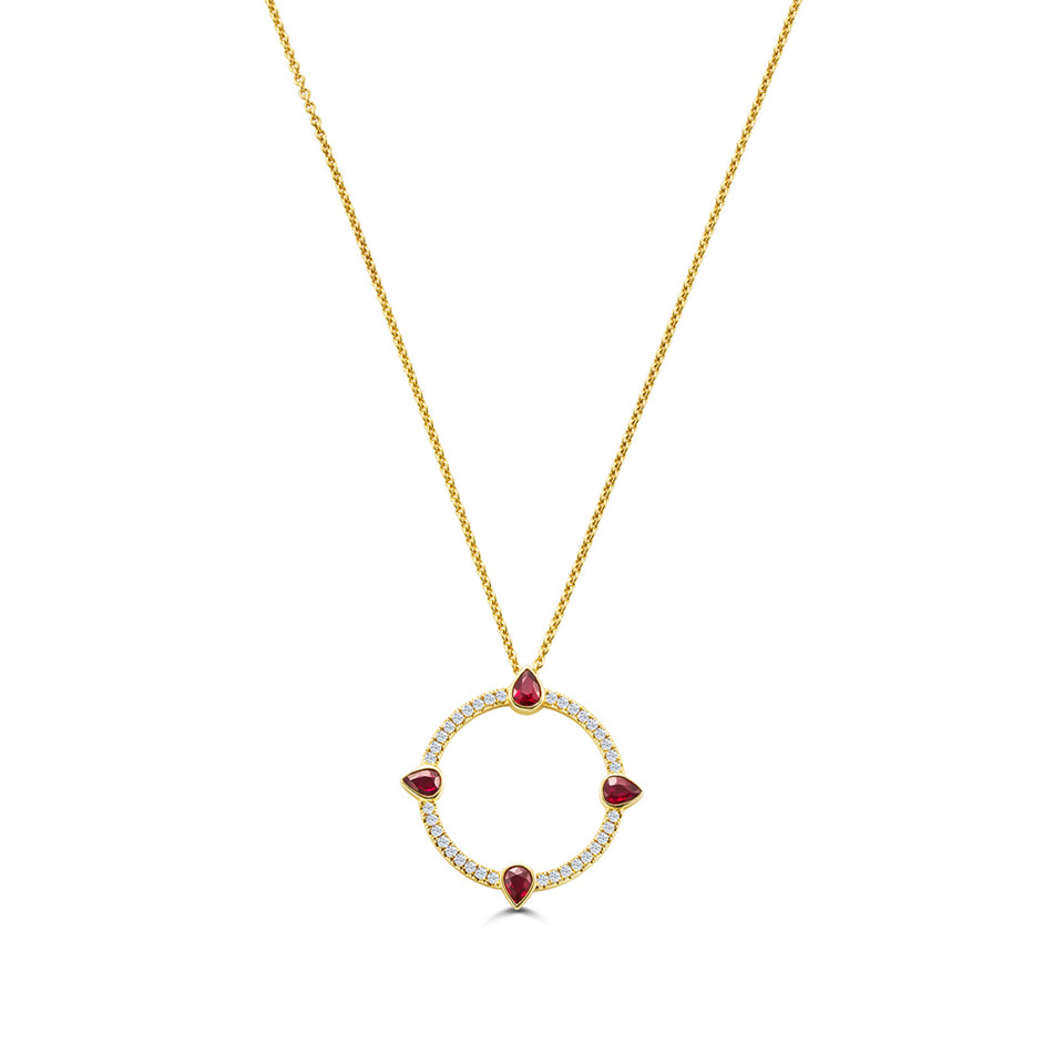 Compass Yellow Gold Large Diamond and Ruby Pendant at David M Robinson
