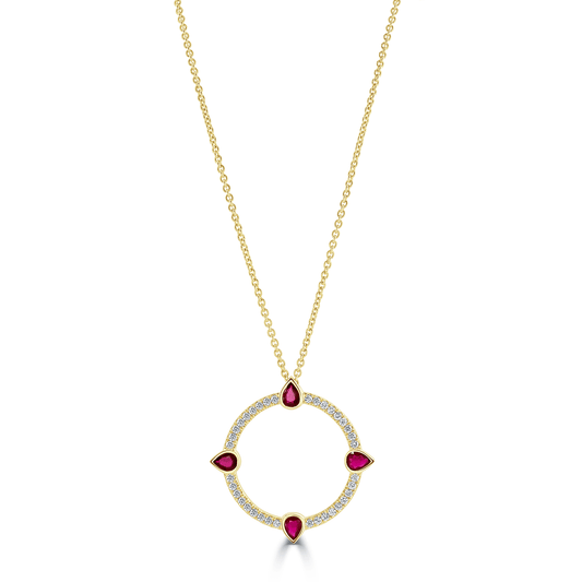 Compass Yellow Gold Large Diamond and Ruby Pendant