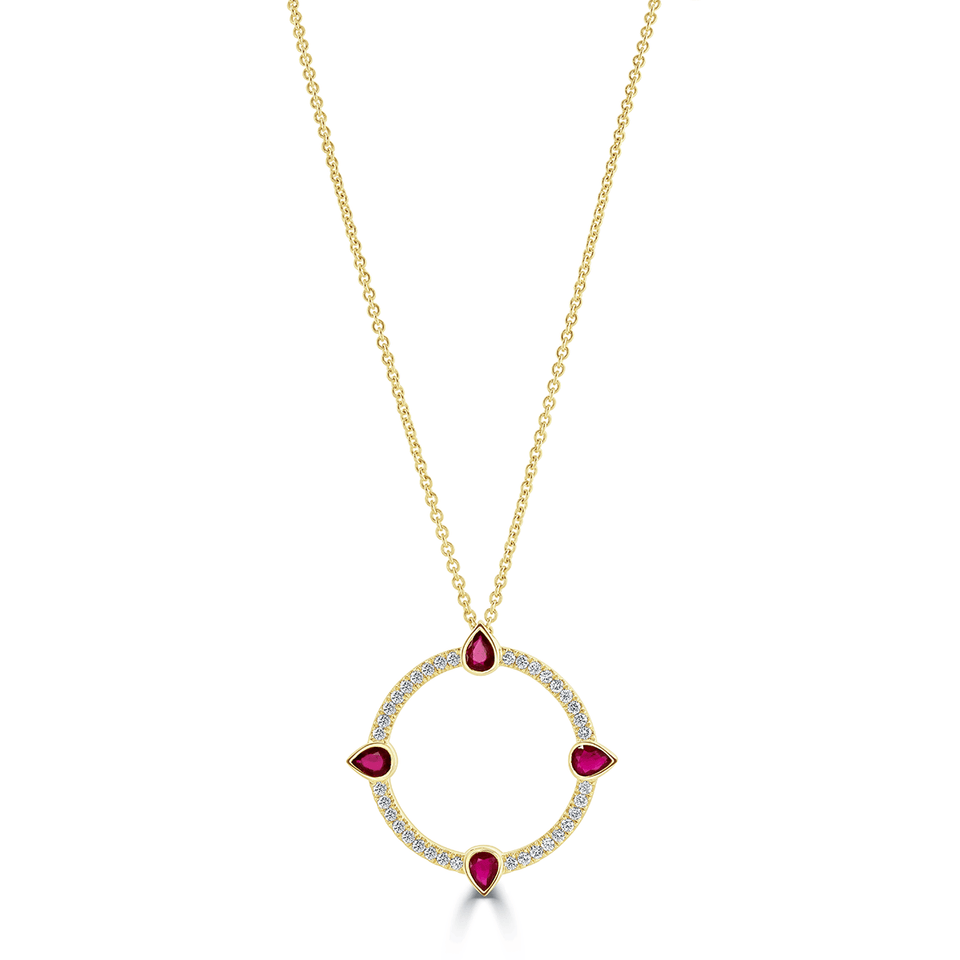 Compass Yellow Gold Large Diamond and Ruby Pendant