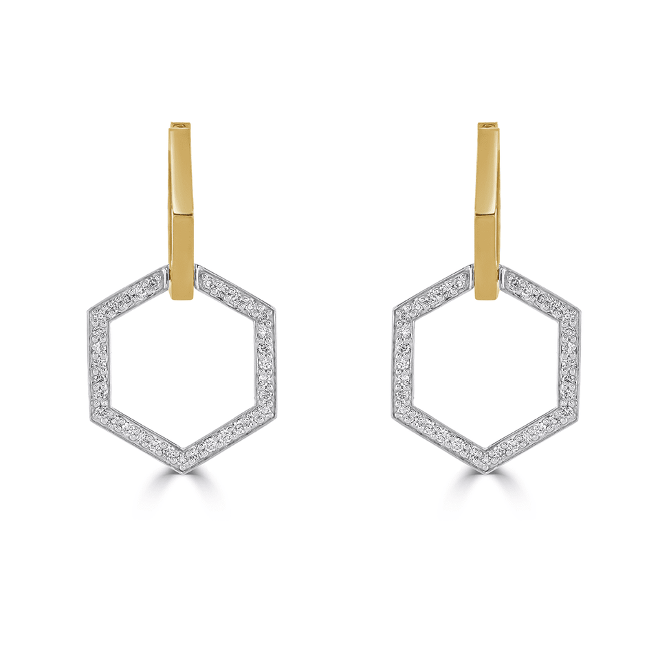 Honeycomb Yellow and 18ct White Gold Double Hex Earrings at David M Robinson