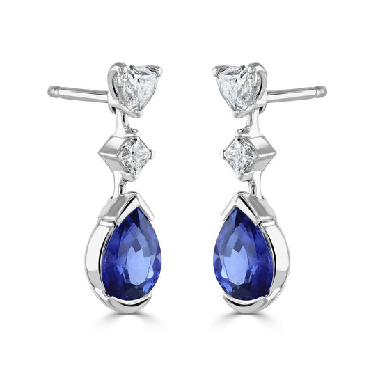 DMR 18ct White Gold Diamond Pear Sapphire Drop Earrings