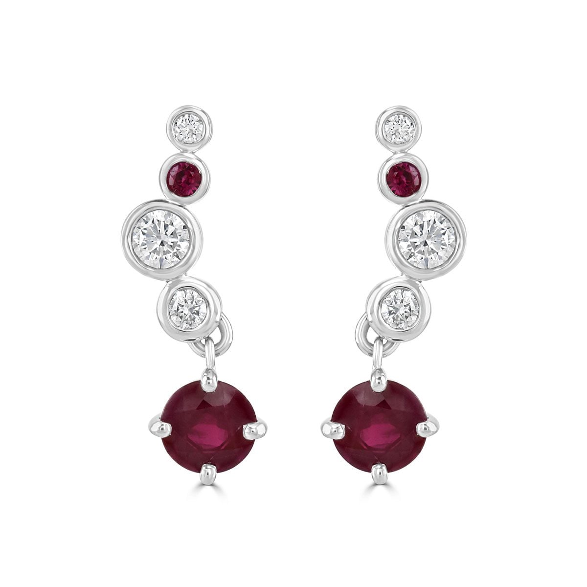 Platinum Round Cut Diamond and Ruby Earrings at David M Robinson