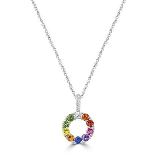 White Gold Rainbow Sapphire & Diamond Pendant at David M Robinson