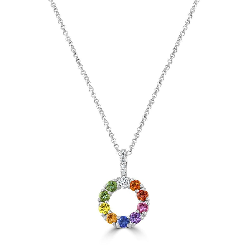 18ct White Gold Rainbow Sapphire & Diamond Circle Pendant at David M Robinson