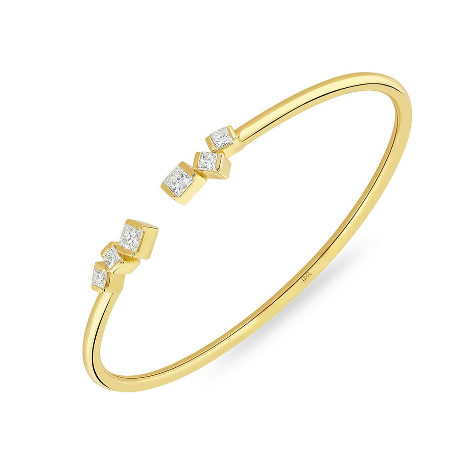 Hopscotch Yellow Gold Princess Cut Diamond Torque Bangle