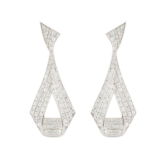 18ct White Gold Baguette & Round Brilliant Cut Diamond Drop Earrings at David M Robinson