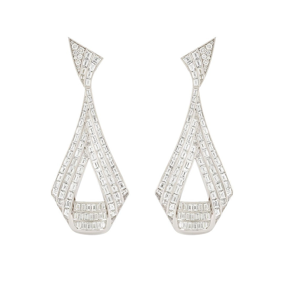 18ct White Gold Baguette & Round Brilliant Cut Diamond Drop Earrings