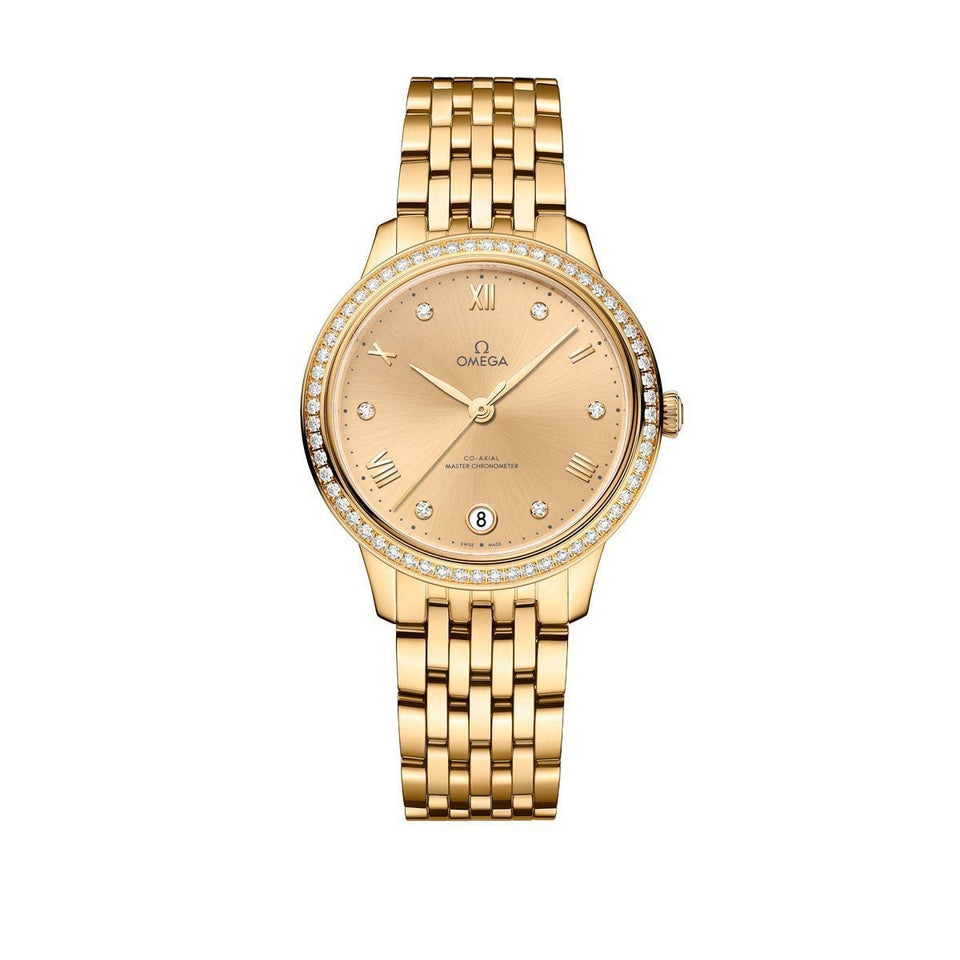 OMEGA De Ville Prestige Yellow Gold Chronometer 34mm Watch O43455342058001 at DMR and the OMEGA Boutique Liverpool