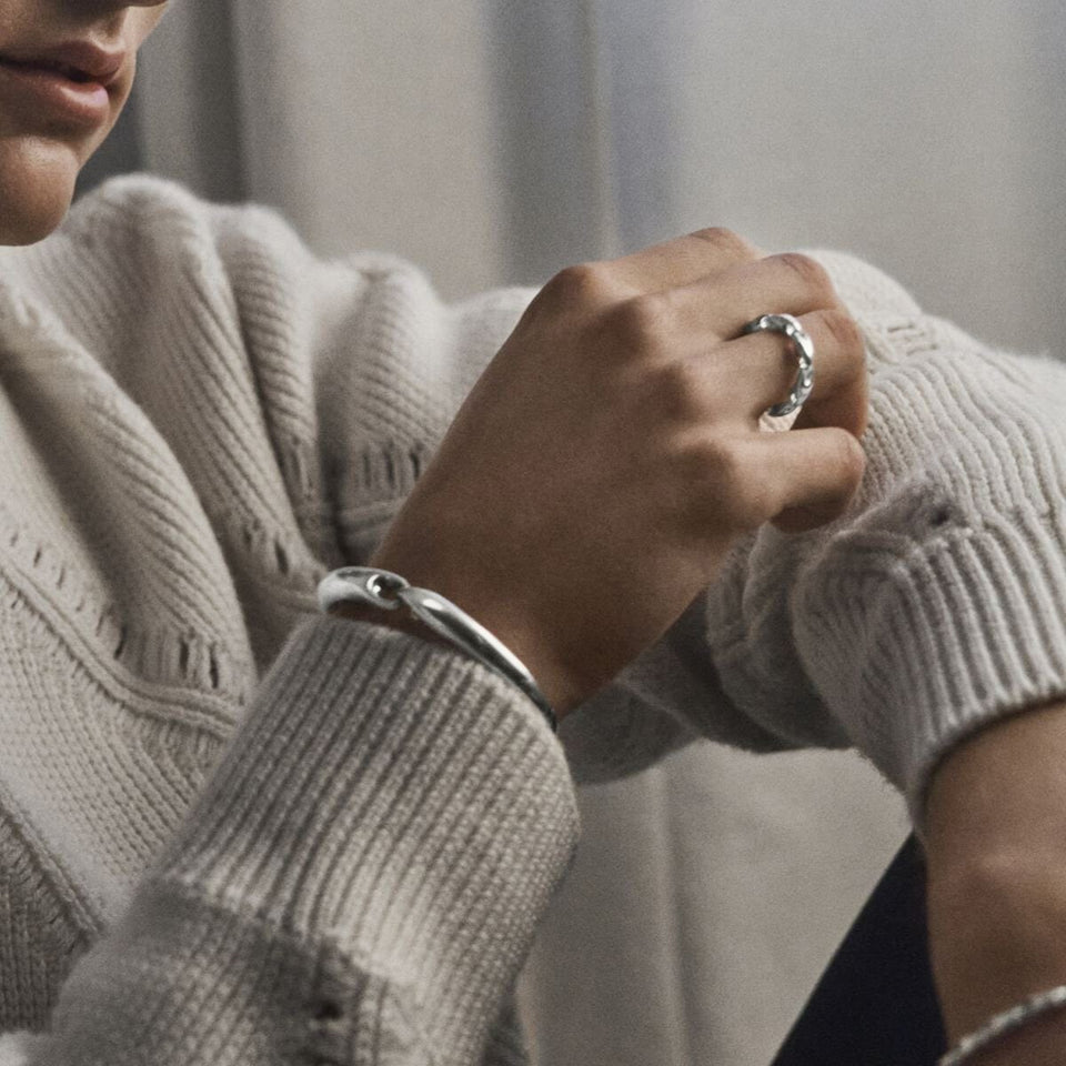 Georg Jensen Reflect Silver ID Bangle on model