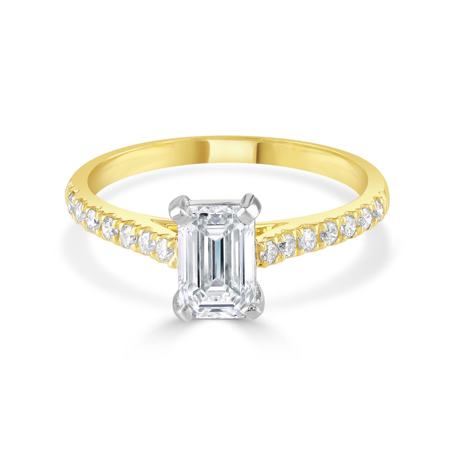 Emerald Cut 18ct Yellow Gold Diamond Ring with Diamond Set Shoulders at David M Robinson