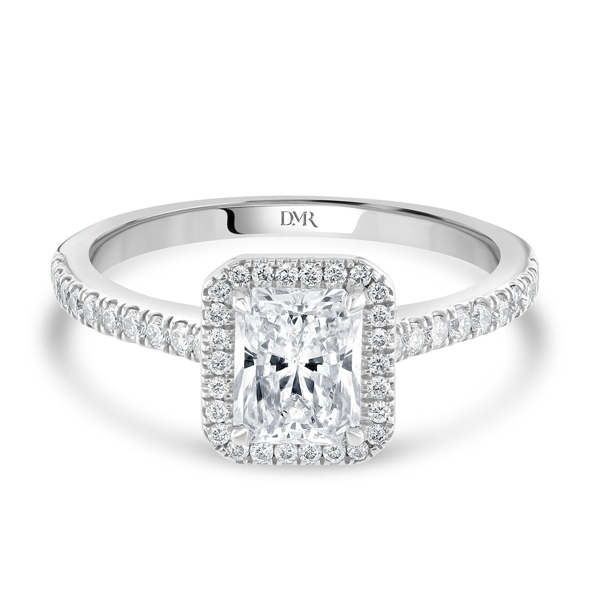 Radiant Cut Halo Platinum Diamond Ring at David M Robinson