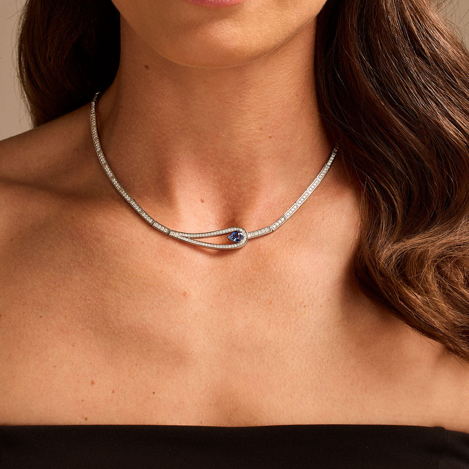 Platinum Diamond & Pear Shape Madagascar Sapphire Collar at David M Robinson