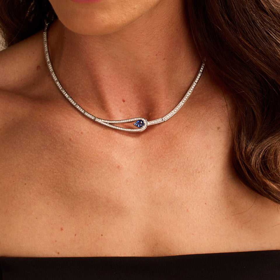 Platinum Diamond & Pear Shape Madagascar Sapphire Collar at David M Robinson