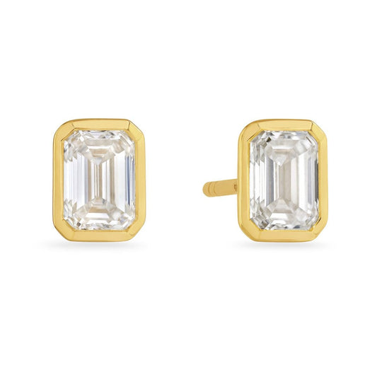 Yellow Gold Emerald Cut Diamond Stud Earrings at DMR