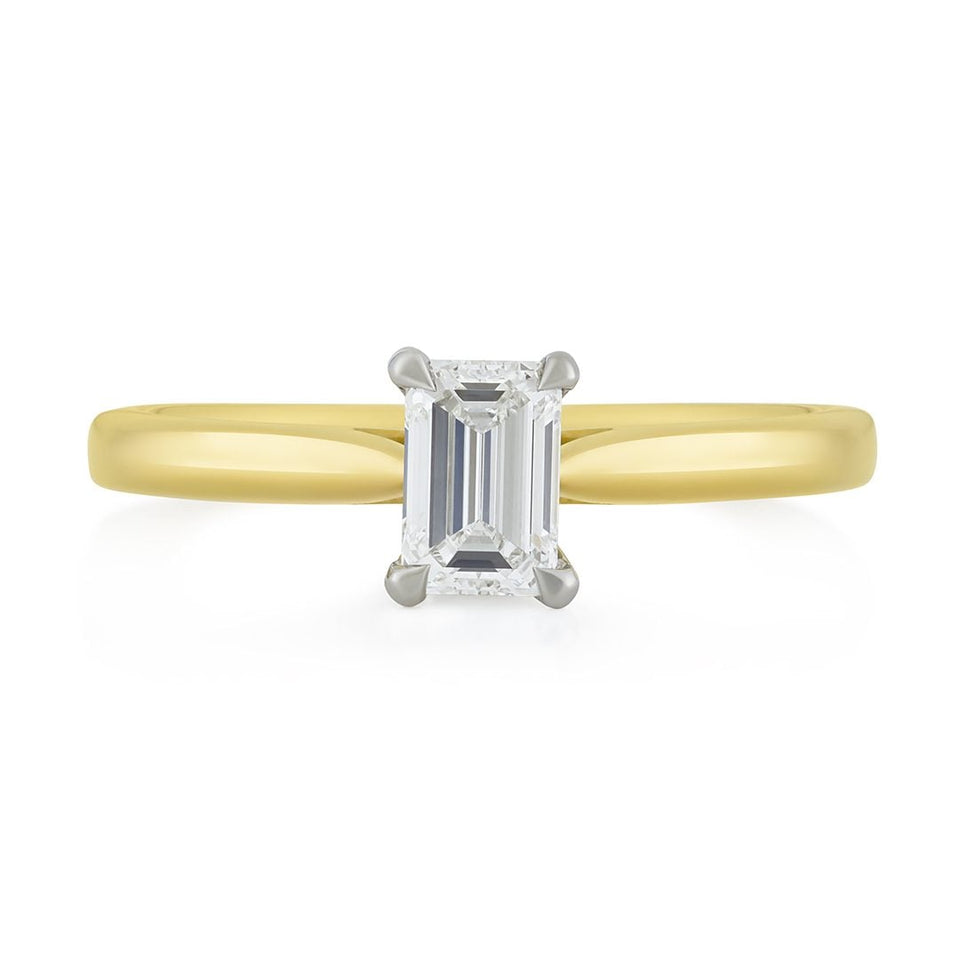 Signature 18ct Yellow Gold & Platinum Emerald Cut Diamond Solitaire Ring at David M Robinson