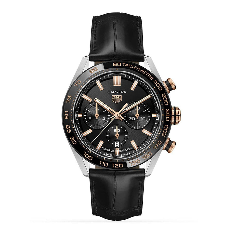 TAG Heuer Carrera Chronograph 44mm Black & Rose Gold Automatic Watch at David M Robinson