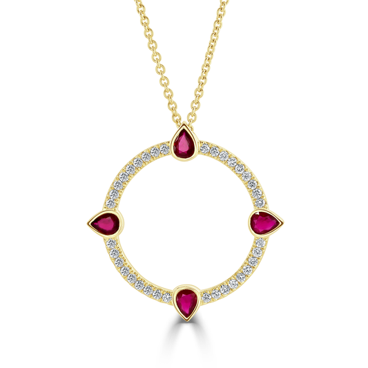 Compass Yellow Gold Large Diamond and Ruby Pendant