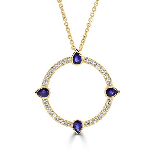 Compass Yellow Gold Large Diamond and Sapphire Pendant
