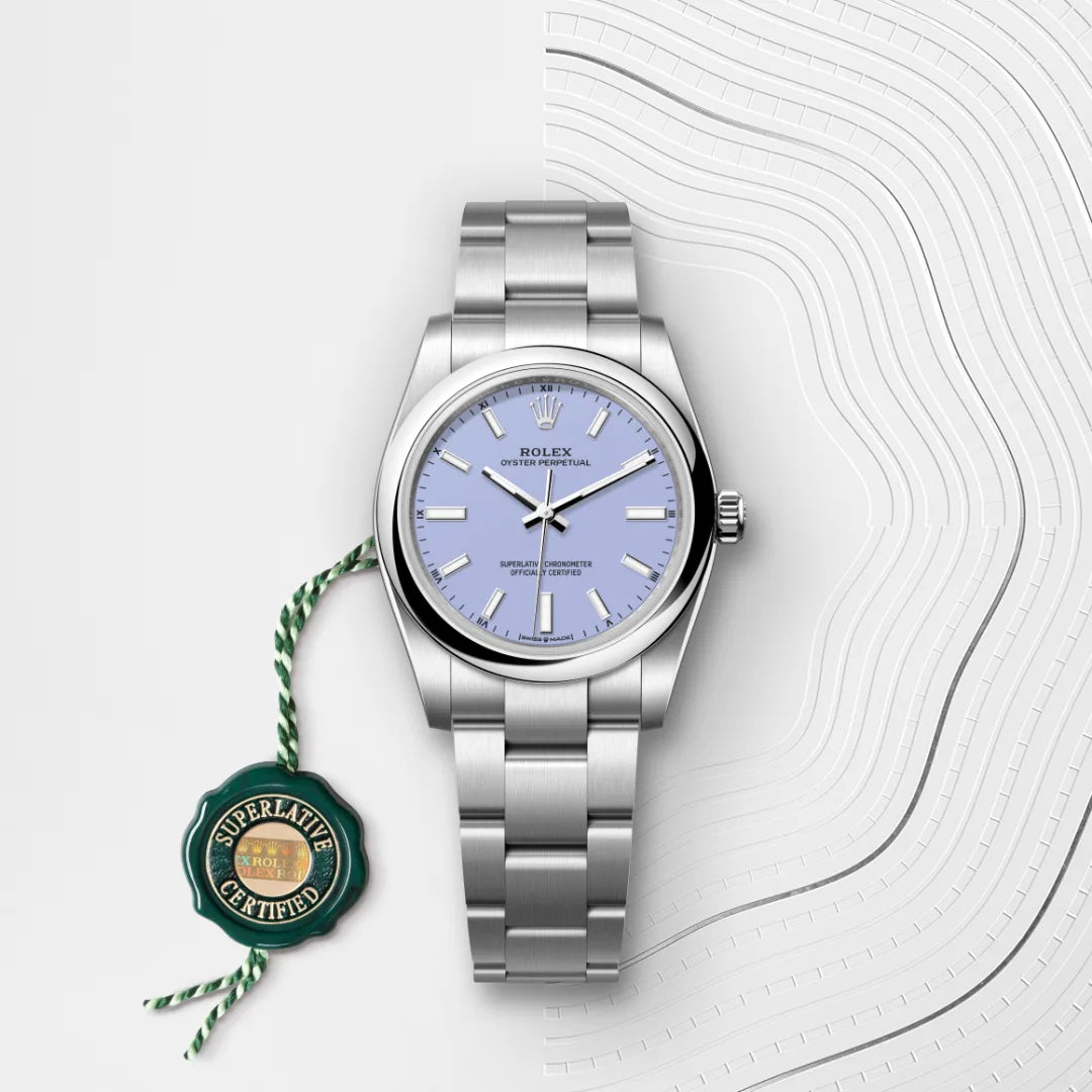 Rolex Oyster Perpetual 34 in Oystersteel with a Lavender dial, Domed bezel, Oyster, three-piece solid links bracelet