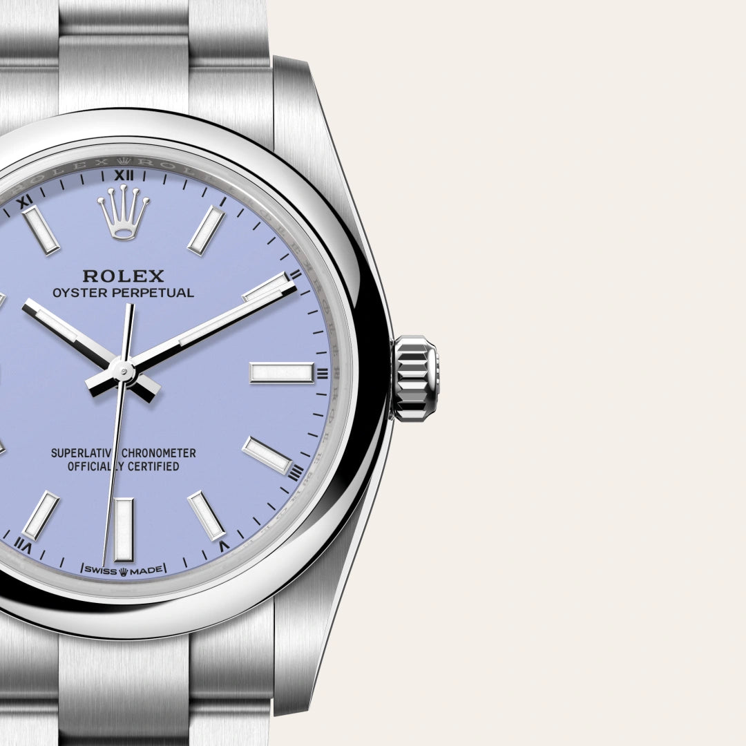 Rolex Oyster Perpetual 34 in Oystersteel with a Lavender dial, Domed bezel, Oyster, three-piece solid links bracelet