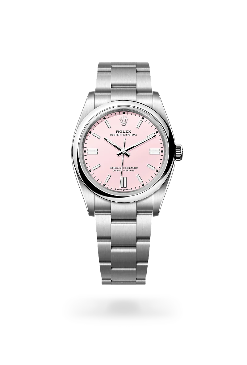 Rolex Oyster Perpetual 36 in Oystersteel with a Candy pink dial, Domed bezel, Oyster, three-piece solid links bracelet