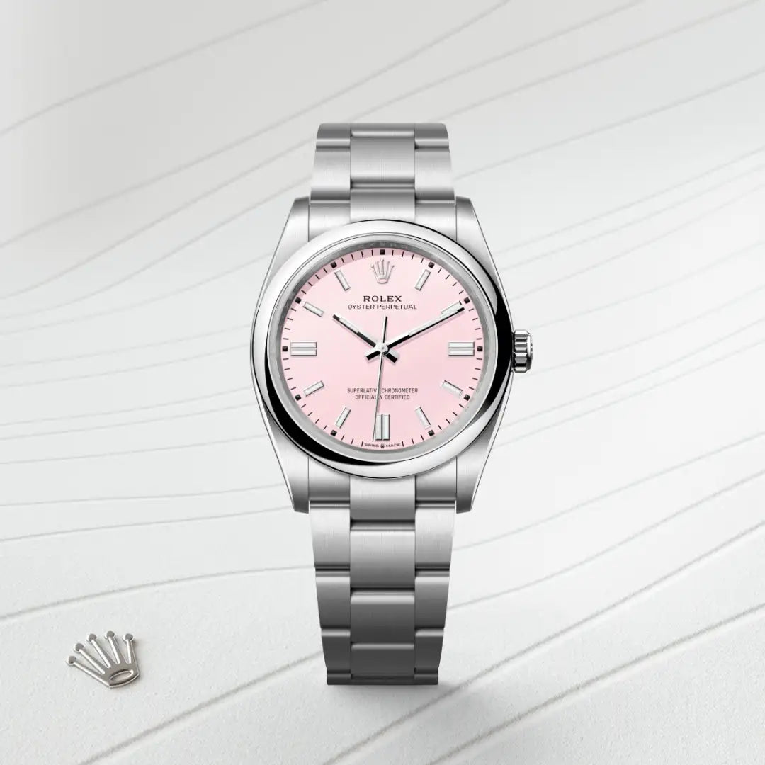 Rolex Oyster Perpetual 36 in Oystersteel with a Candy pink dial, Domed bezel, Oyster, three-piece solid links bracelet