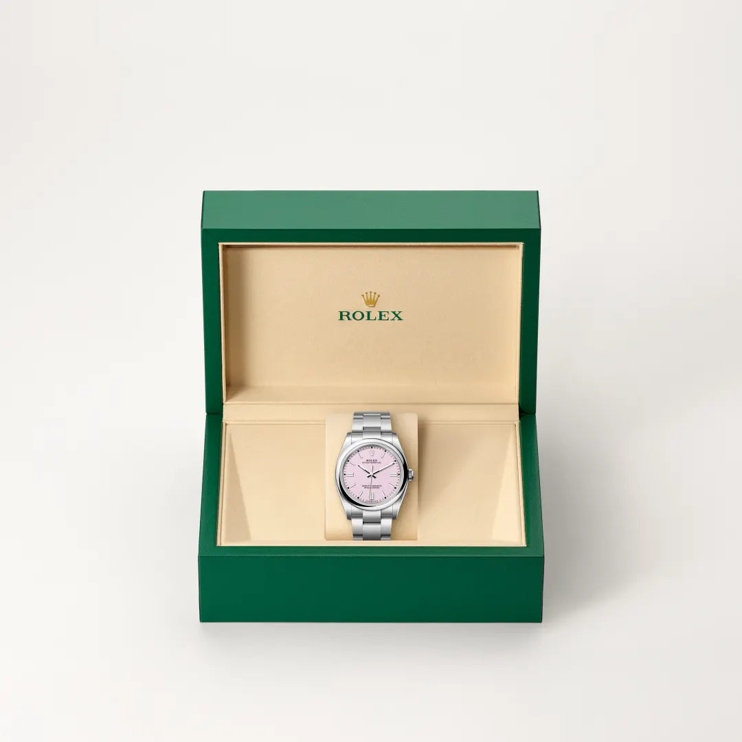 Rolex Oyster Perpetual 36 in Oystersteel with a Candy pink dial, Domed bezel, Oyster, three-piece solid links bracelet