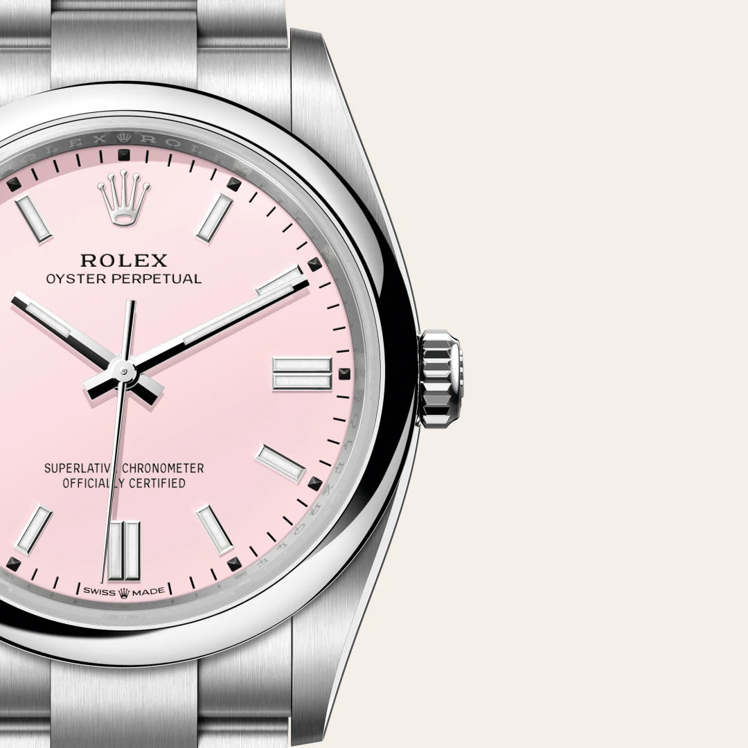Rolex Oyster Perpetual 36 in Oystersteel with a Candy pink dial, Domed bezel, Oyster, three-piece solid links bracelet