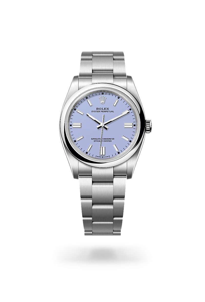 Rolex Oyster Perpetual 36 in Oystersteel with a Lavender dial, Domed bezel, Oyster, three-piece solid links bracelet