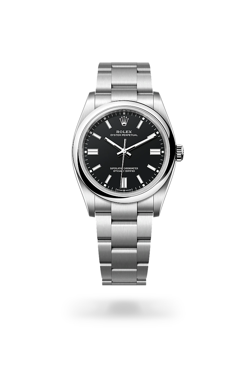 Rolex Oyster Perpetual 36 in Oystersteel with a Black dial, Domed bezel, Oyster, three-piece solid links bracelet