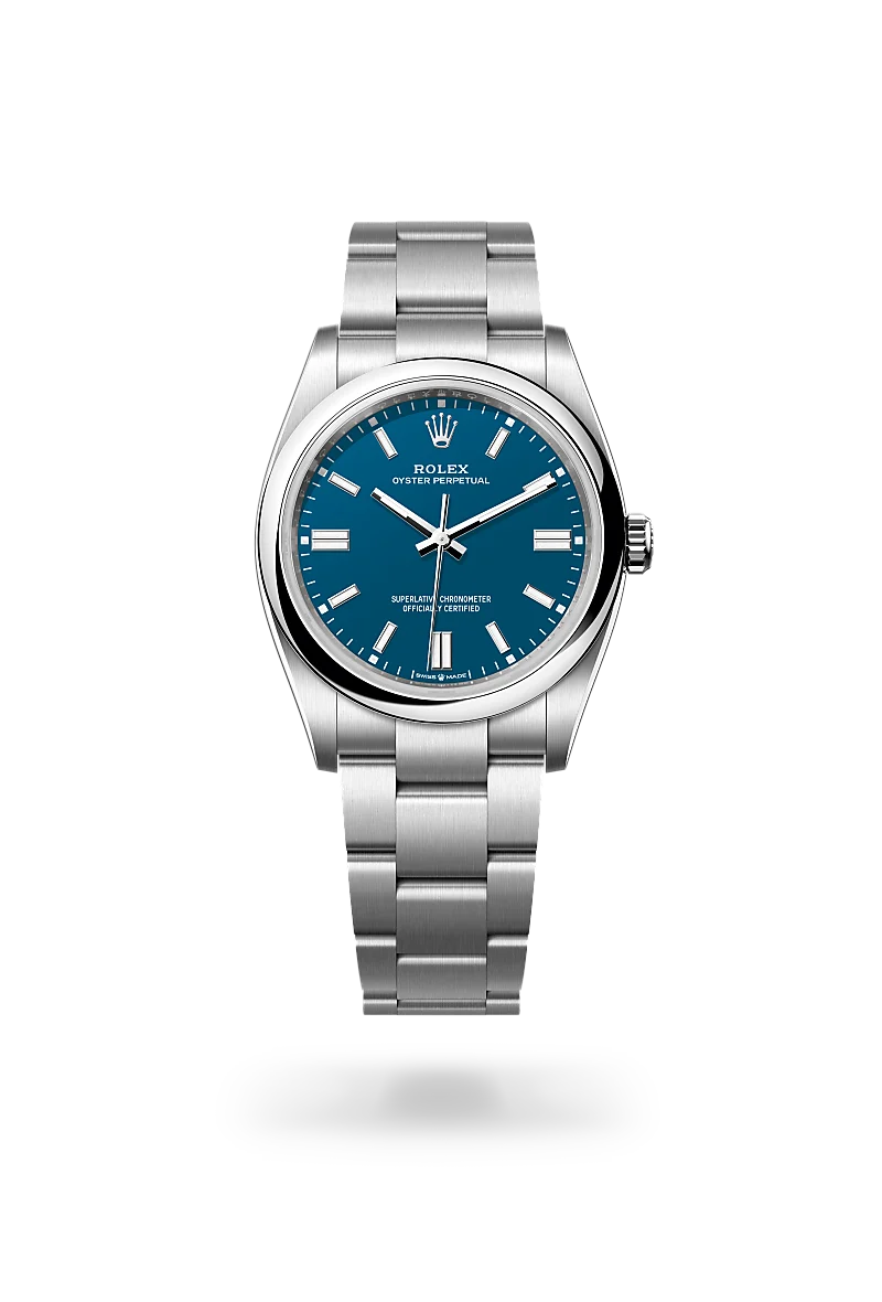 Rolex Oyster Perpetual 36 in Oystersteel with a Med blue dial, Domed bezel, Oyster, three-piece solid links bracelet