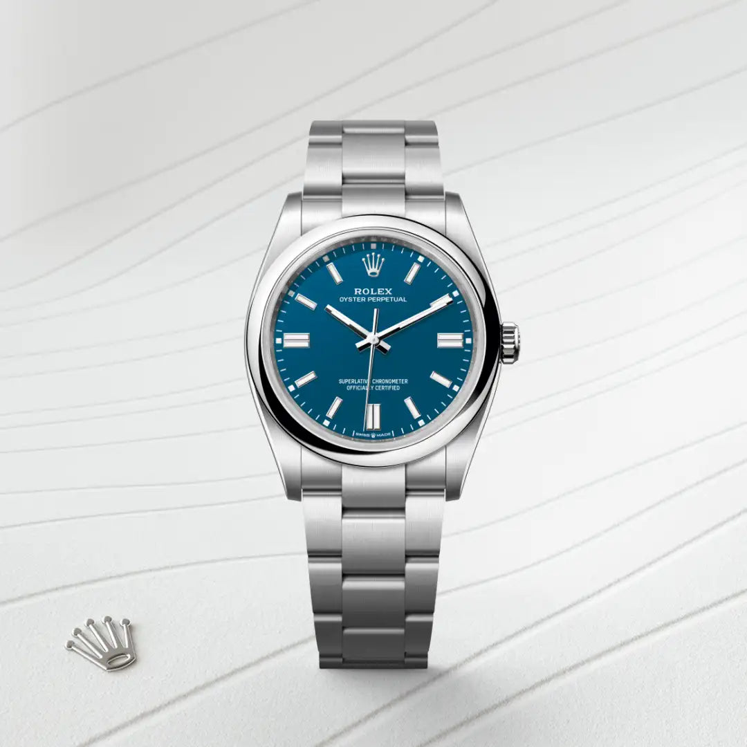 Rolex Oyster Perpetual 36 in Oystersteel with a Med blue dial, Domed bezel, Oyster, three-piece solid links bracelet