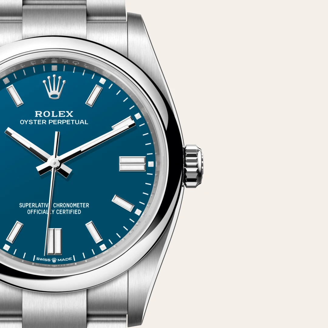 Rolex Oyster Perpetual 36 in Oystersteel with a Med blue dial, Domed bezel, Oyster, three-piece solid links bracelet
