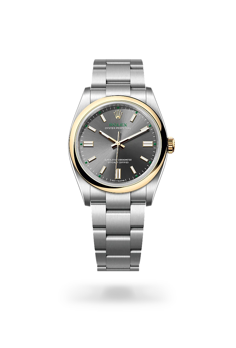 Rolex Oyster Perpetual 36 in Yellow Rolesor - combination of Oystersteel and yellow gold with a Slate dial, Domed bezel, Oyster, three-piece solid links bracelet