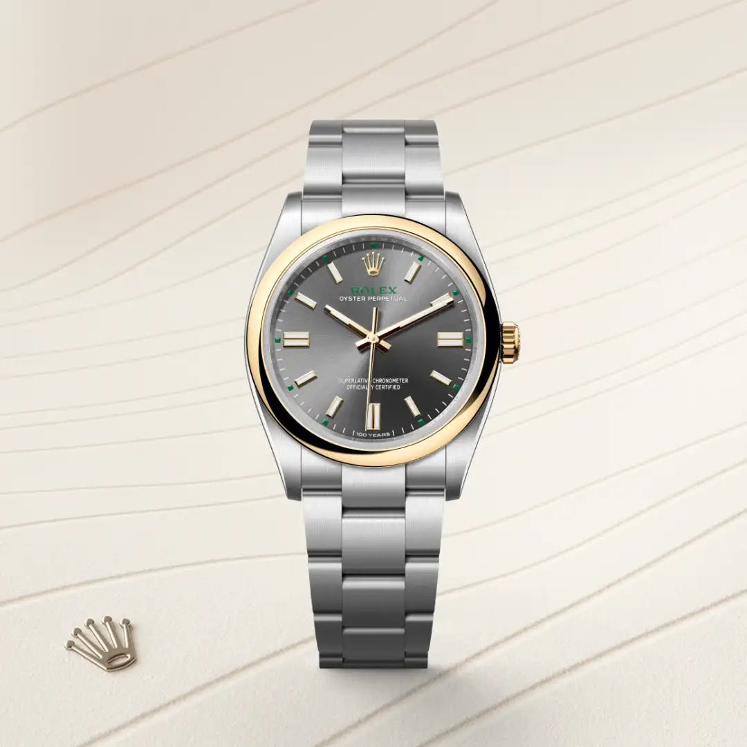 Rolex Oyster Perpetual 36 in Yellow Rolesor - combination of Oystersteel and yellow gold with a Slate dial, Domed bezel, Oyster, three-piece solid links bracelet