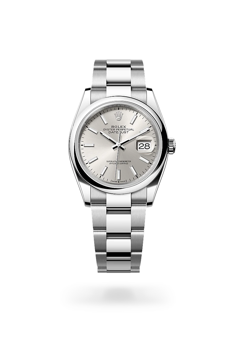 Rolex Datejust 36 in Oystersteel with a Silver dial, Domed bezel, Oyster, three-piece solid links bracelet