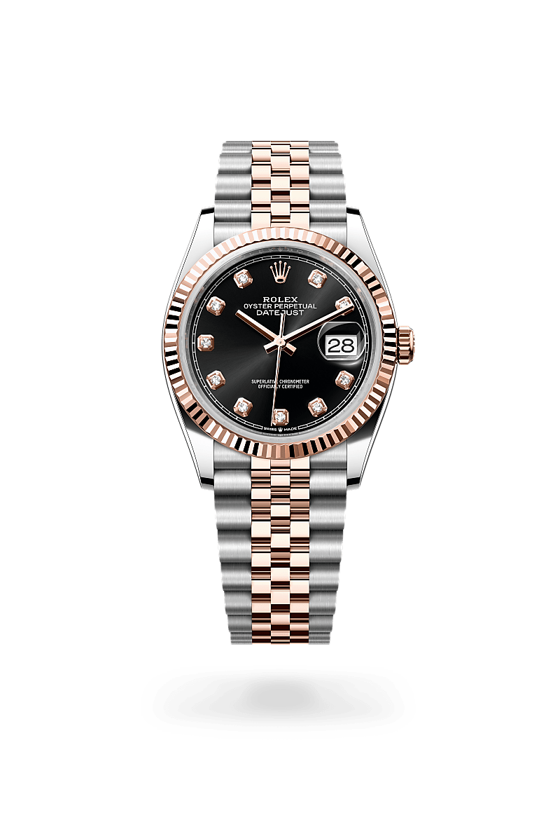 Rolex Datejust 36 in Everose Rolesor - combination of Oystersteel and Everose gold with a Bright black set with diamonds dial, Fluted bezel, Jubilee, five-piece links bracelet