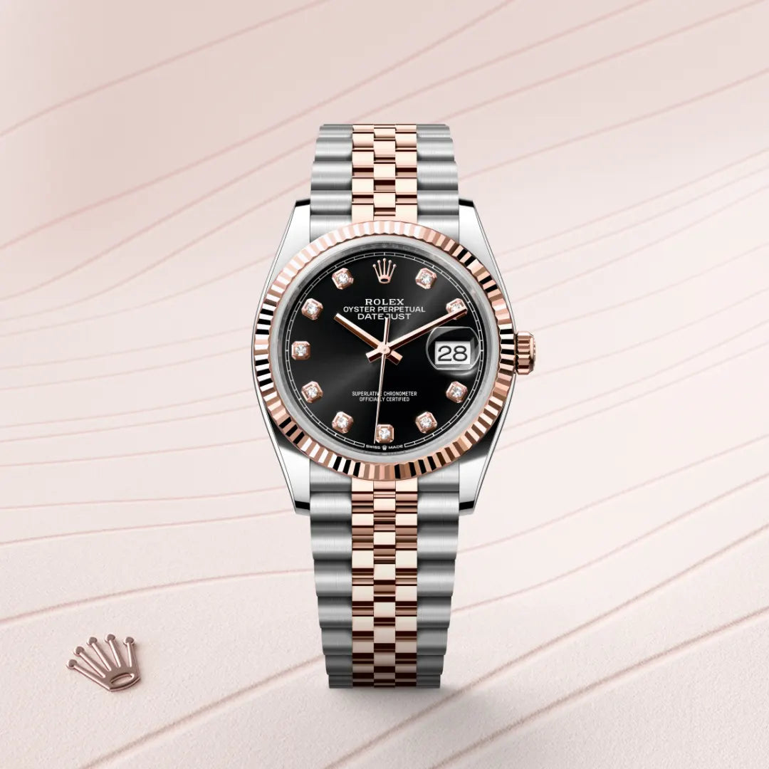 Rolex Datejust 36 in Everose Rolesor - combination of Oystersteel and Everose gold with a Bright black set with diamonds dial, Fluted bezel, Jubilee, five-piece links bracelet