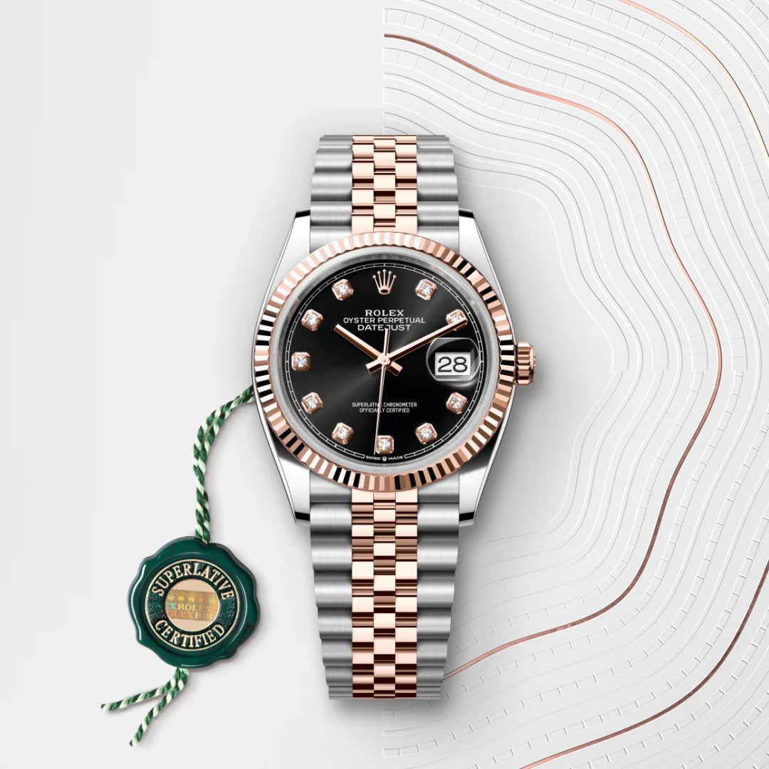 Rolex Datejust 36 in Everose Rolesor - combination of Oystersteel and Everose gold with a Bright black set with diamonds dial, Fluted bezel, Jubilee, five-piece links bracelet