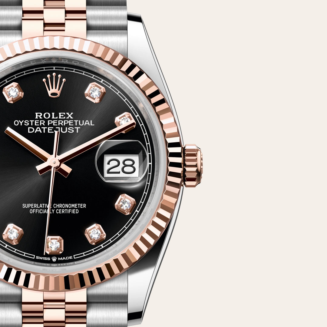 Rolex Datejust 36 in Everose Rolesor - combination of Oystersteel and Everose gold with a Bright black set with diamonds dial, Fluted bezel, Jubilee, five-piece links bracelet