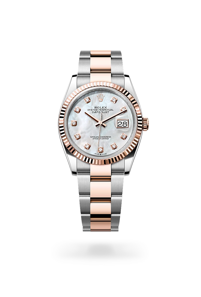 Rolex Datejust 36 in Everose Rolesor - combination of Oystersteel and Everose gold with a White mother-of-pearl set with diamonds dial, Fluted bezel, Oyster, three-piece solid links bracelet