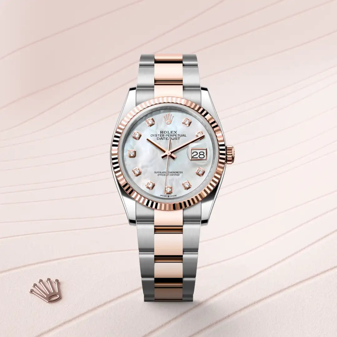 Rolex Datejust 36 in Everose Rolesor - combination of Oystersteel and Everose gold with a White mother-of-pearl set with diamonds dial, Fluted bezel, Oyster, three-piece solid links bracelet