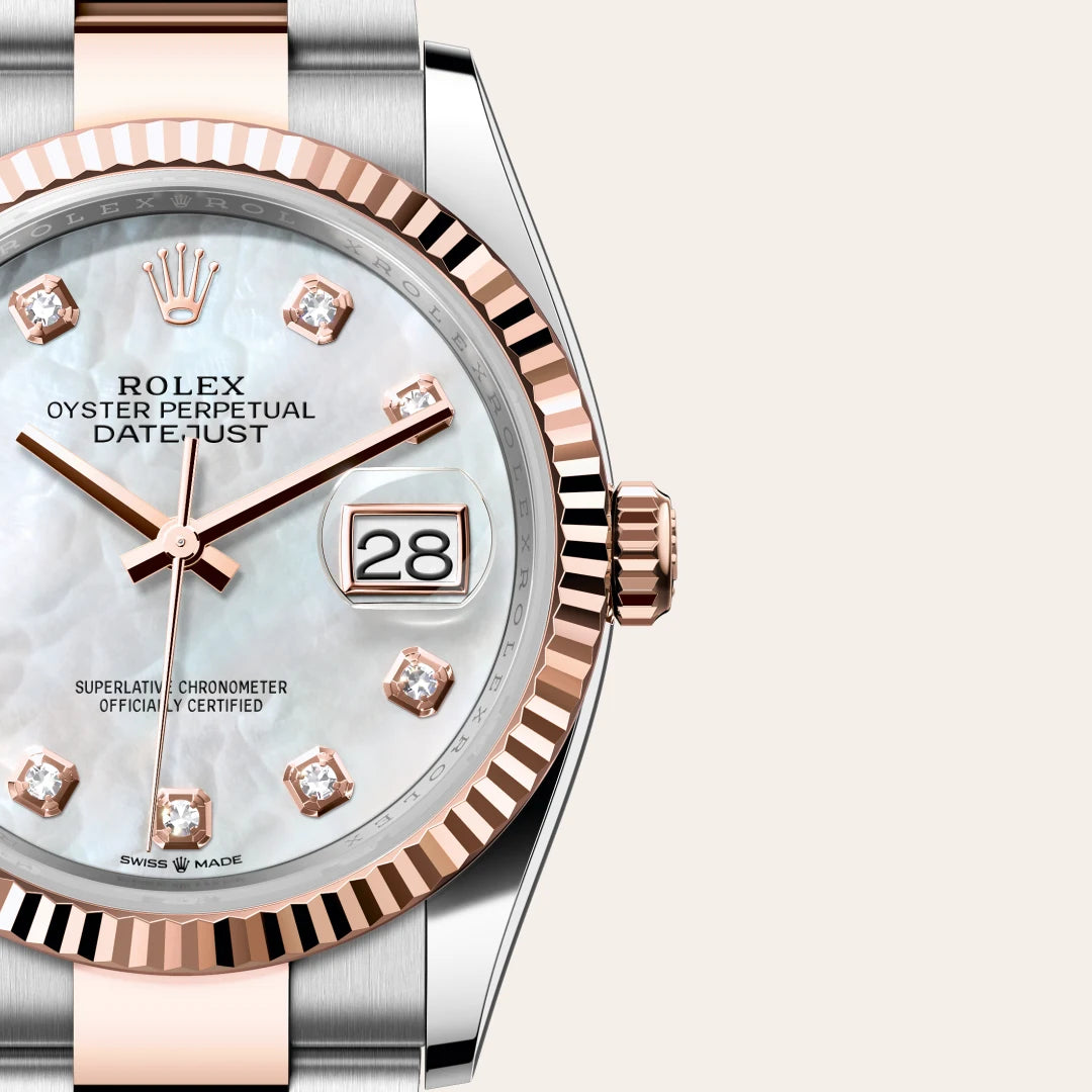 Rolex Datejust 36 in Everose Rolesor - combination of Oystersteel and Everose gold with a White mother-of-pearl set with diamonds dial, Fluted bezel, Oyster, three-piece solid links bracelet