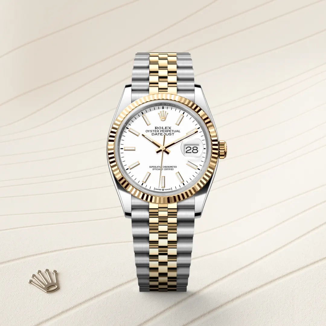 Rolex Datejust 36 in Yellow Rolesor - combination of Oystersteel and yellow gold with a White dial, Fluted bezel, Jubilee, five-piece links bracelet
