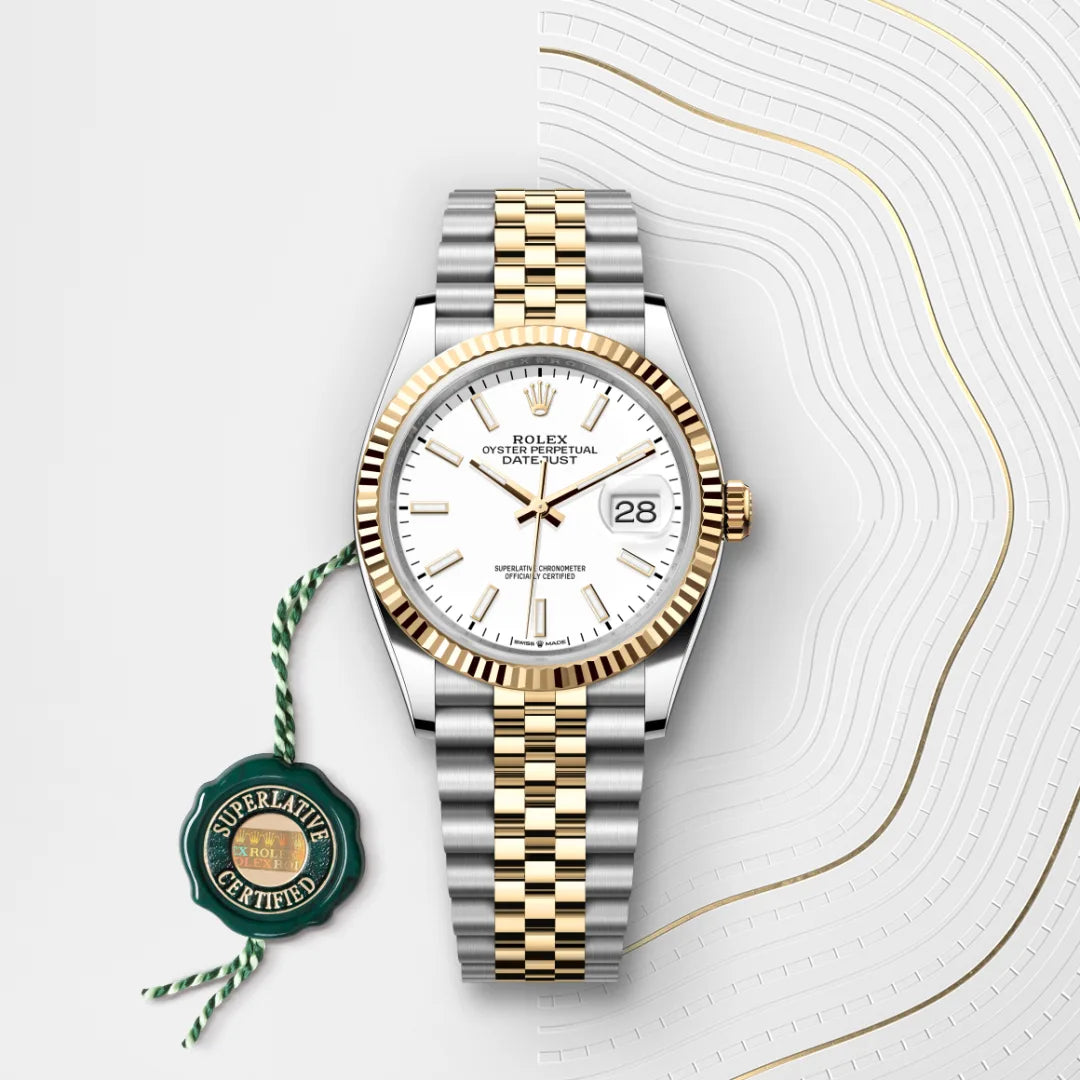 Rolex Datejust 36 in Yellow Rolesor - combination of Oystersteel and yellow gold with a White dial, Fluted bezel, Jubilee, five-piece links bracelet
