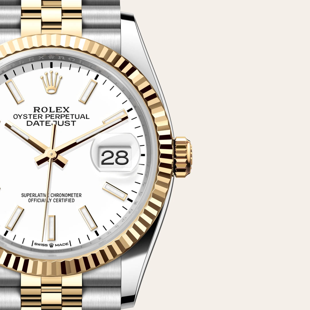 Rolex Datejust 36 in Yellow Rolesor - combination of Oystersteel and yellow gold with a White dial, Fluted bezel, Jubilee, five-piece links bracelet