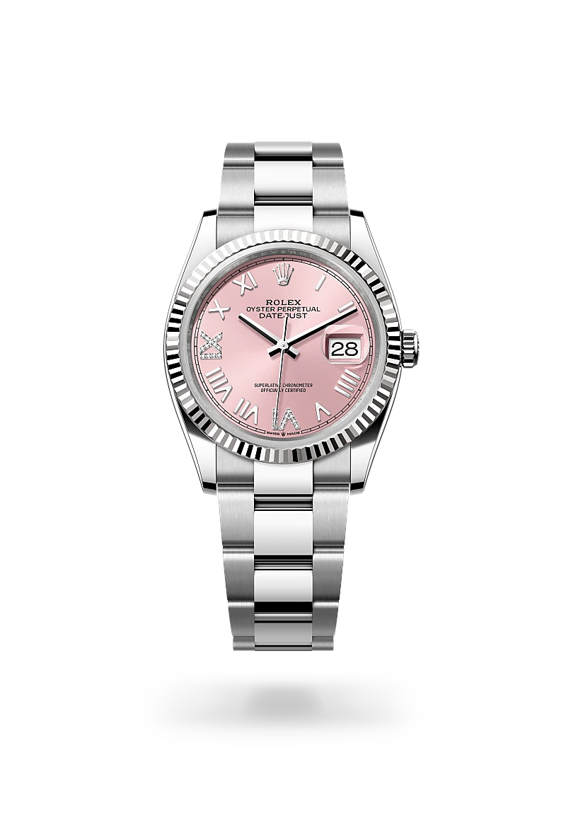 Rolex Datejust 36 in White Rolesor - combination of Oystersteel and white gold with a Pink set with diamonds dial, Fluted bezel, Oyster, three-piece solid links bracelet