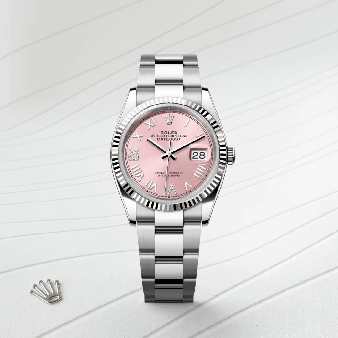 Rolex Datejust 36 in White Rolesor - combination of Oystersteel and white gold with a Pink set with diamonds dial, Fluted bezel, Oyster, three-piece solid links bracelet